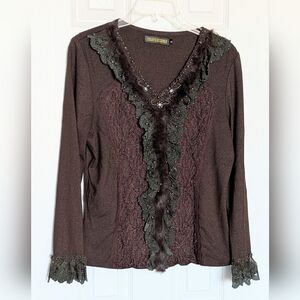 Women's Brown V-Neck Sweater with Beading Faux-Fur & Lace Detailing